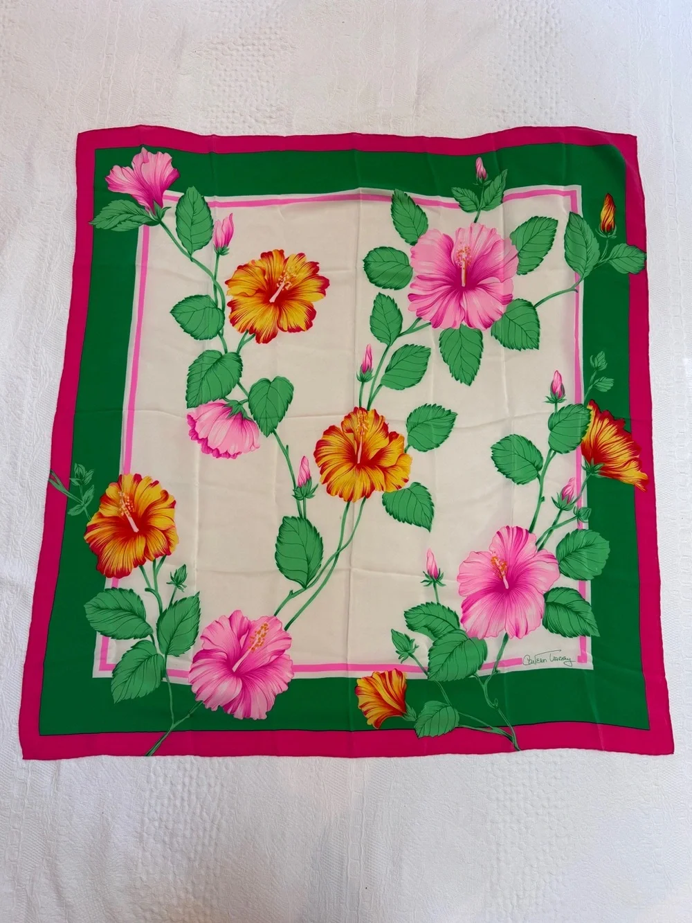 Carleton Varney Vtg Scarf Hibiscus Floral Pink Green Silk Feel Square Scarf